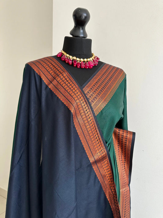 Dark green saree with copper border and navy pallu and blouse. Traditional crepe silk saree. Casual saree soft to drape pleat bottle green - LaiLai Sarees