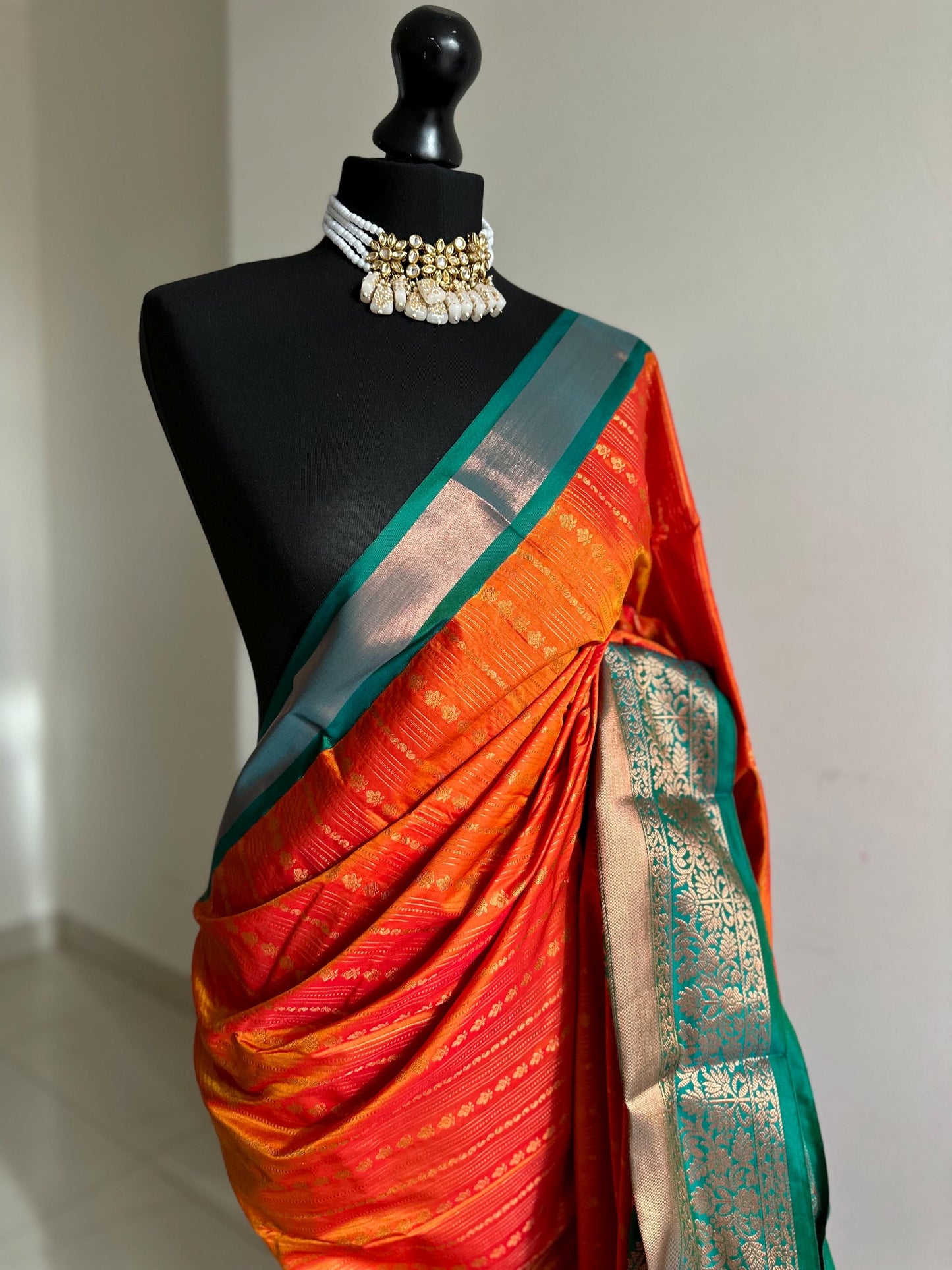 Orange and green semi silk kanchi buta saree Authentic traditional silk saree beautiful colour design.Designer saree with contrast blouse