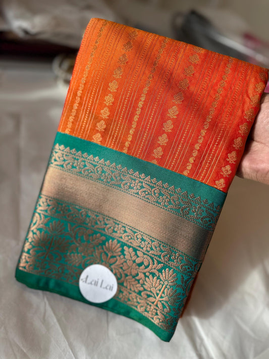 Orange and green semi silk Kanchi buta saree. Authentic traditional silk saree beautiful colour  design.Designer saree with contrast blouse