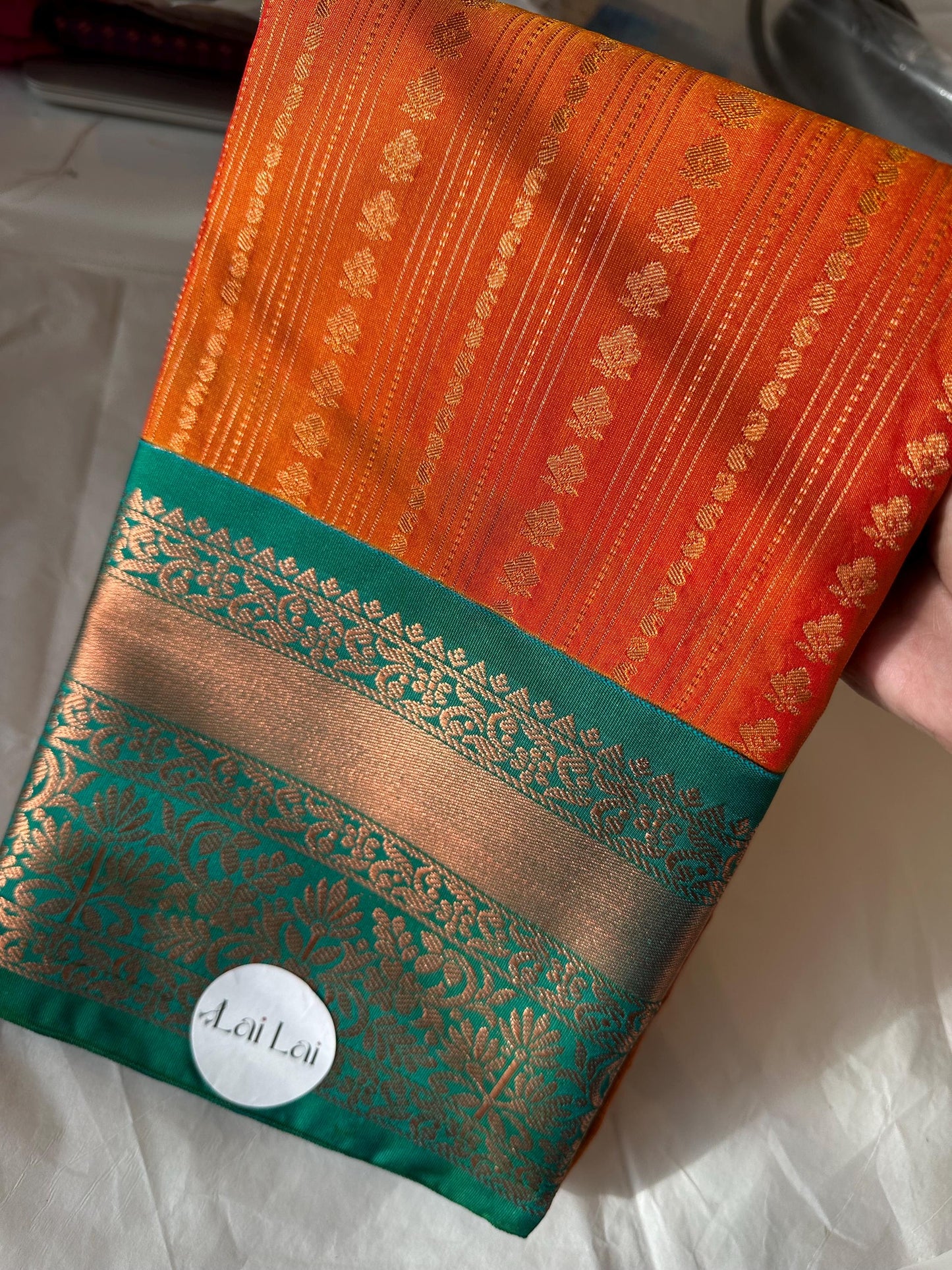 Orange and green semi silk Kanchi buta saree. Authentic traditional silk saree beautiful colour  design.Designer saree with contrast blouse