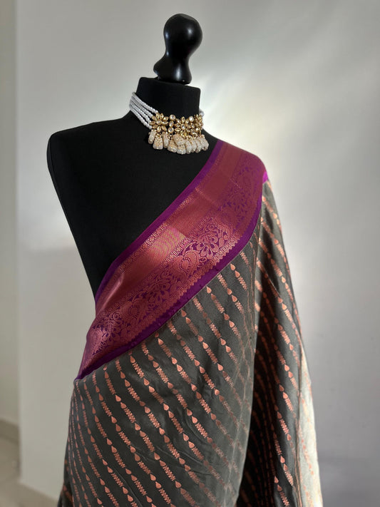 Grey and plum semi silk kanchi buta saree Authentic traditional silk saree beautiful colour design.Designer saree with contrast blouse