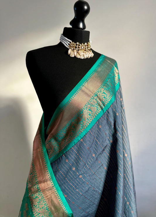 Green blue semi silk Kanchi  saree. Authentic traditional silk saree beautiful colour  design.Designer saree with contrast blouse