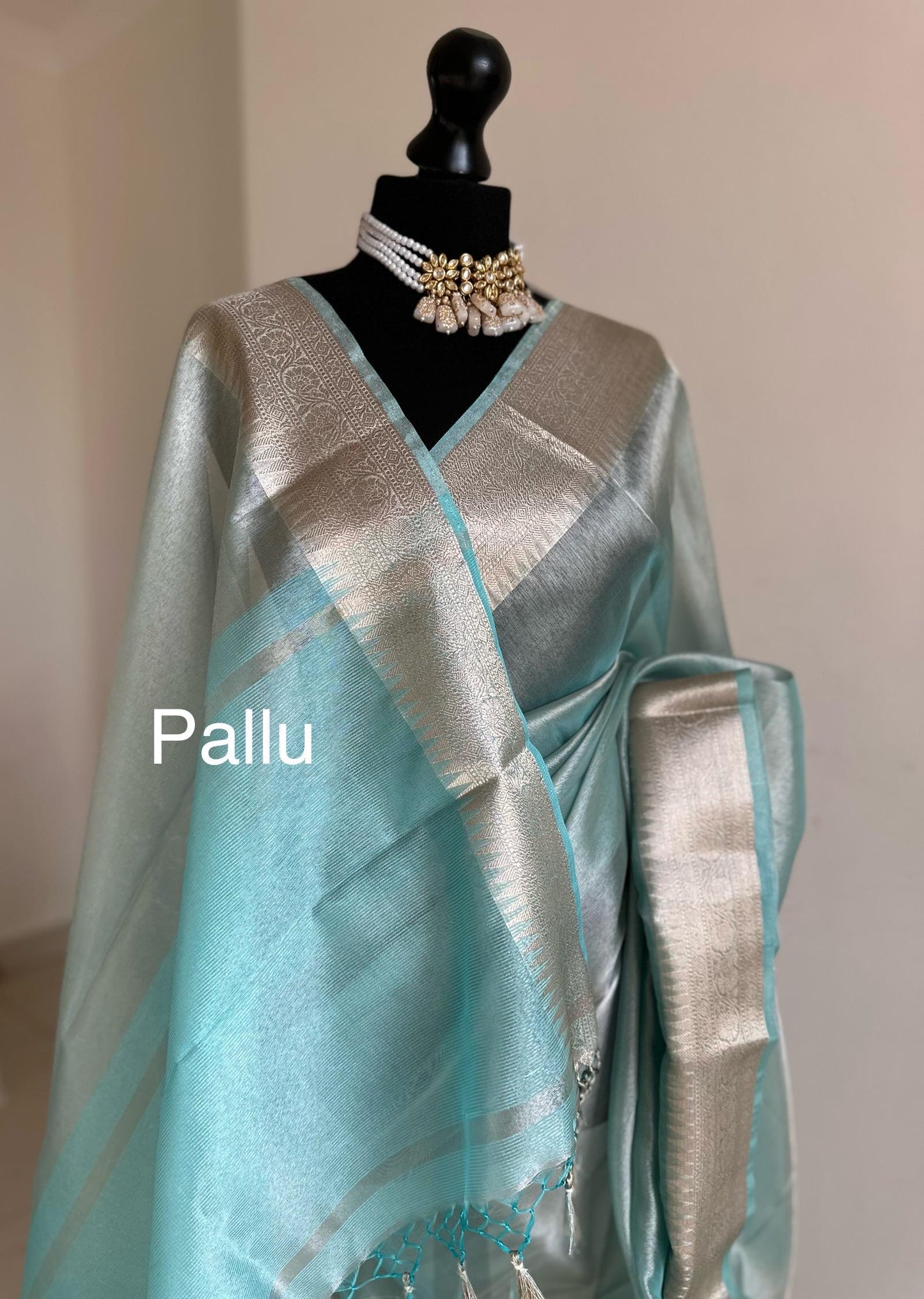 Pale blue shimmer soft tissue saree with border and unstitched blouse. Soft blue wedding guest party traditional saree unique saree look