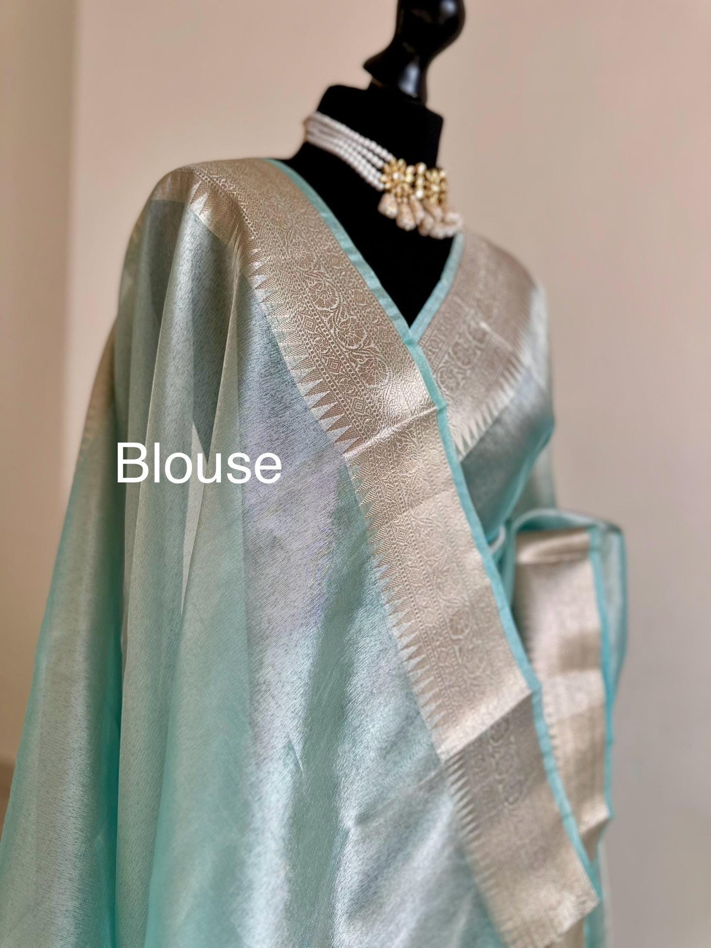 Pale blue shimmer soft tissue saree with border and unstitched blouse. Soft blue wedding guest party traditional saree unique saree look