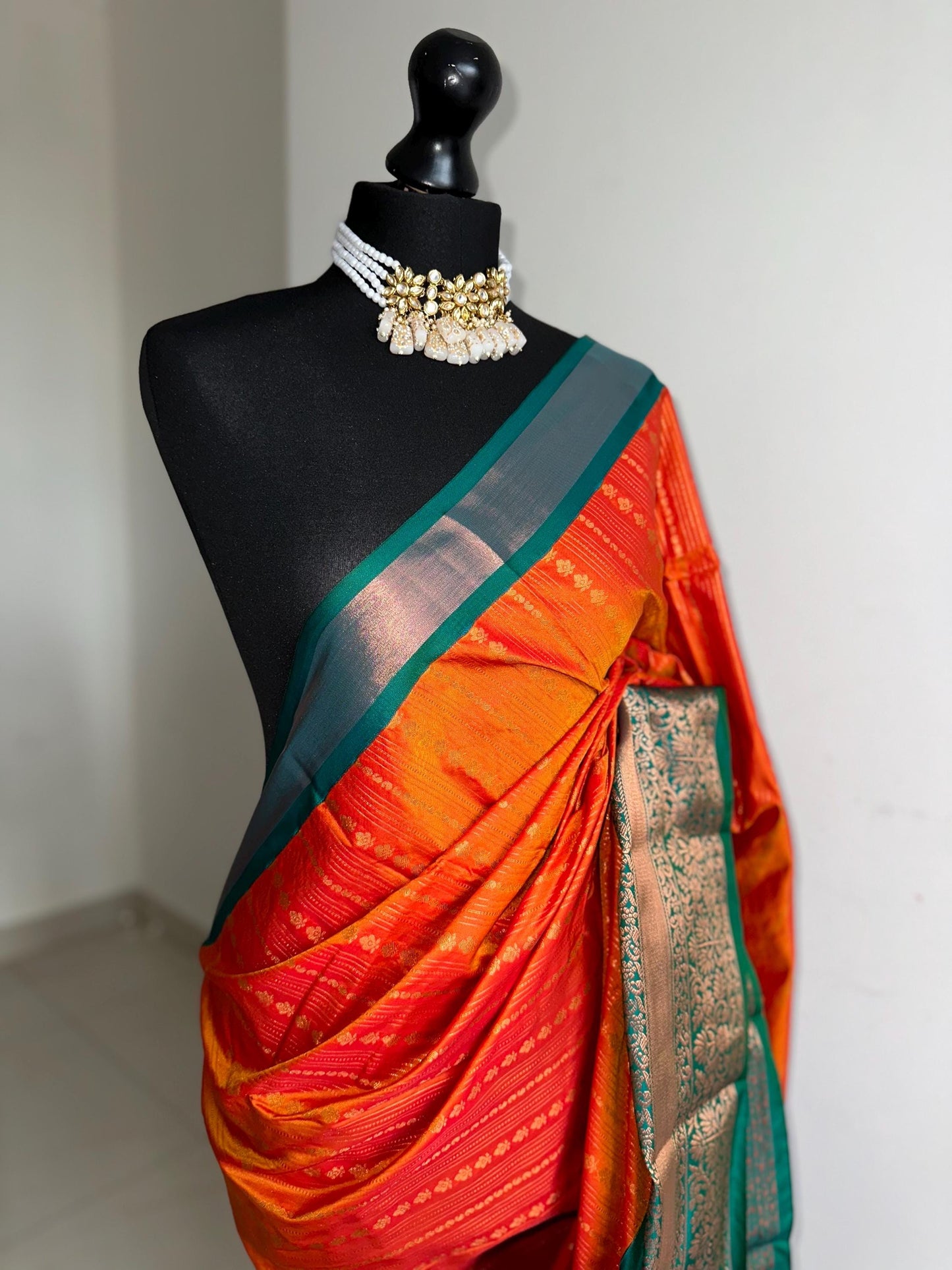 Orange and green semi silk kanchi buta saree Authentic traditional silk saree beautiful colour design.Designer saree with contrast blouse