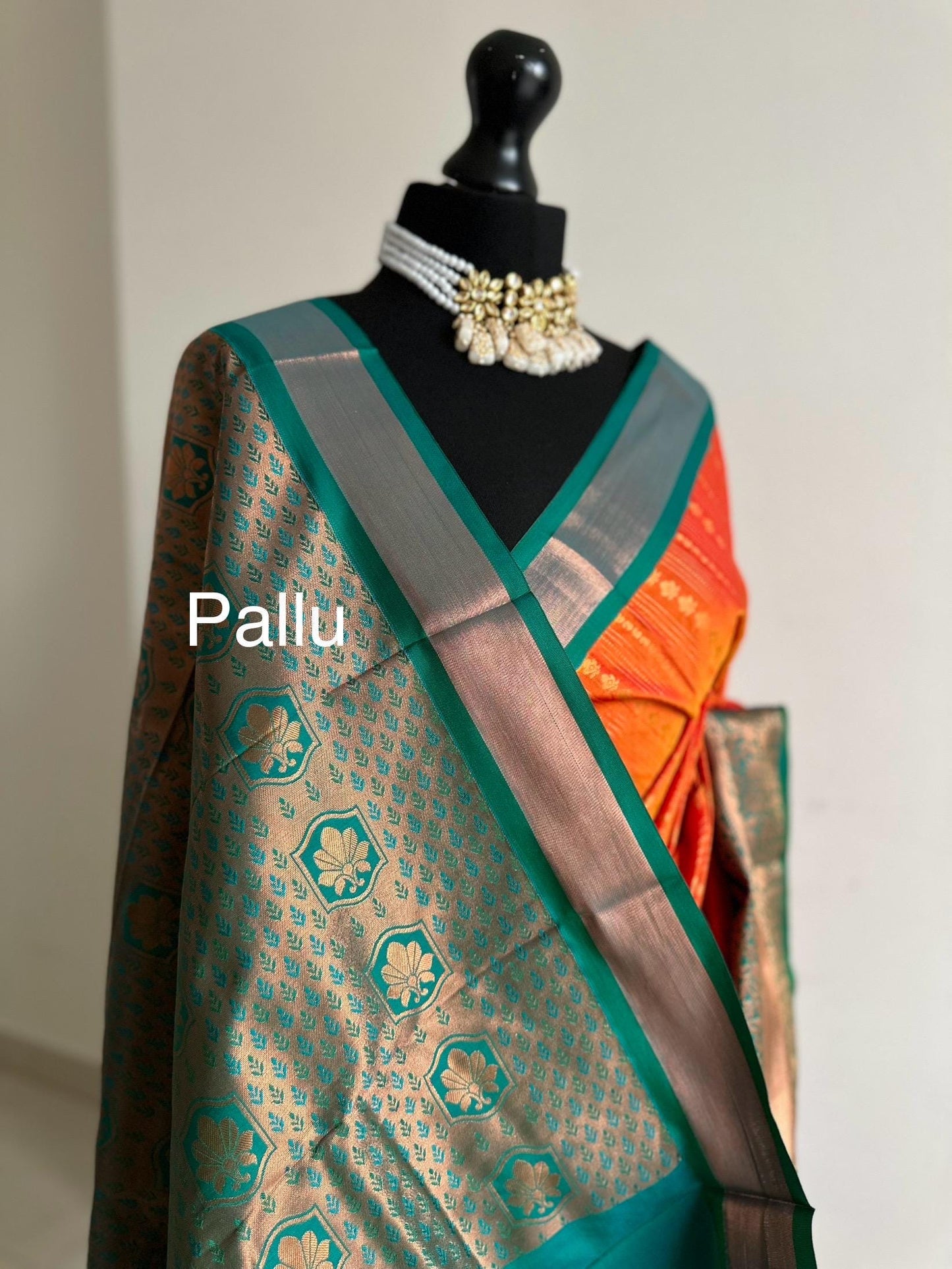 Orange and green semi silk kanchi buta saree Authentic traditional silk saree beautiful colour design.Designer saree with contrast blouse