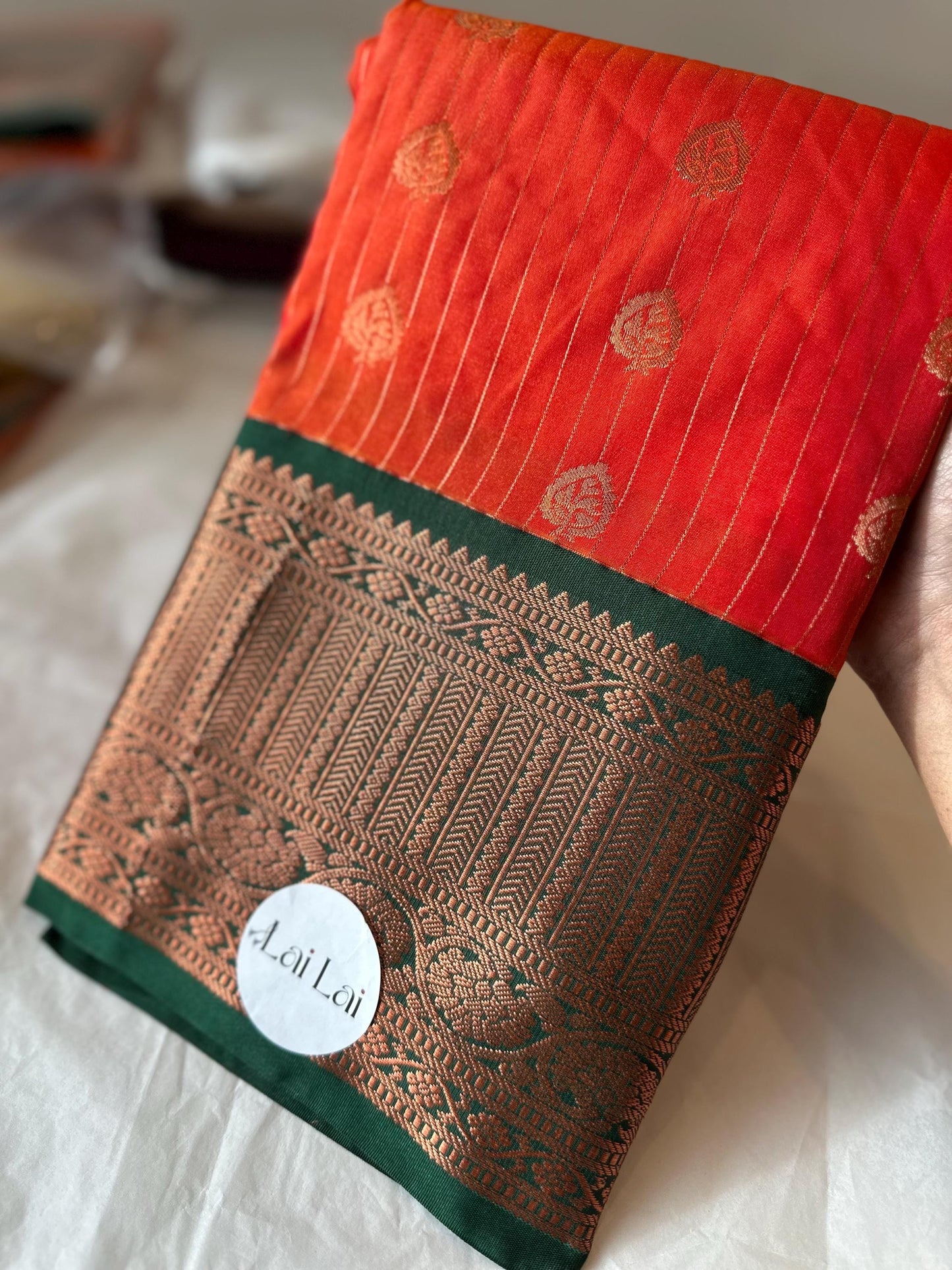 Green blood orange semi silk Kanchi  saree. Authentic traditional silk saree beautiful colour  design.Designer saree with contrast blouse