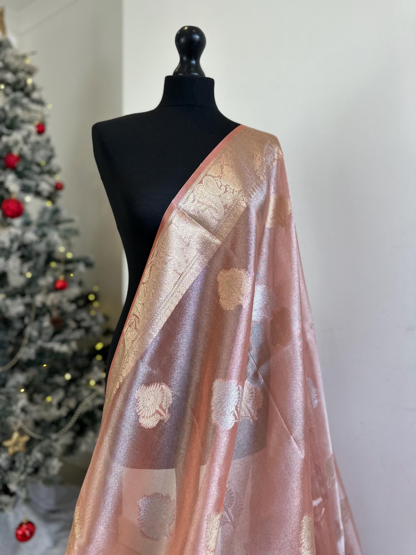 Peach gold silver soft tissue saree with border and unstitched blouse. Soft peach wedding guest party traditional saree unique saree look