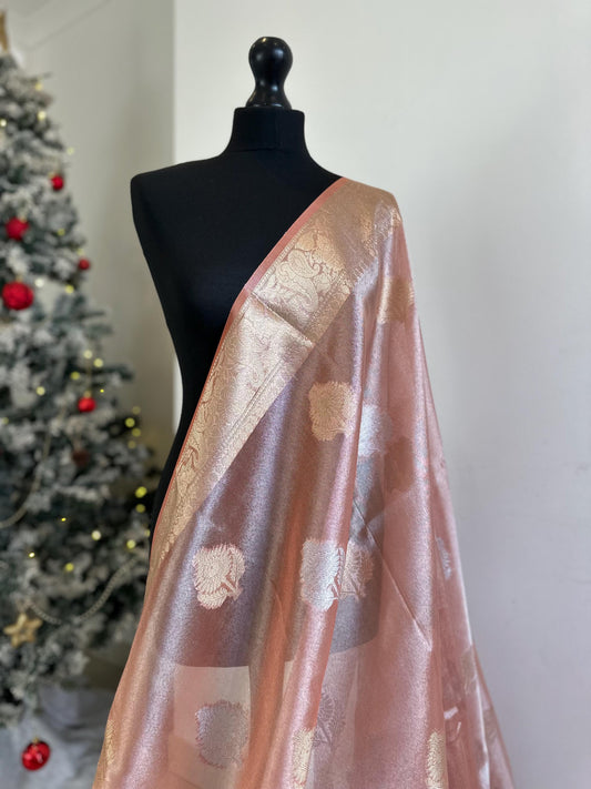 Peach gold silver soft tissue saree with border and unstitched blouse. Soft peach wedding guest party traditional saree unique saree look