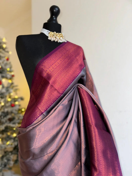 Grey shimmer saree with plum border and copper motifs.Modern and traditional silk saree beautiful colour and design.Contrast designer blouse - LaiLai Sarees