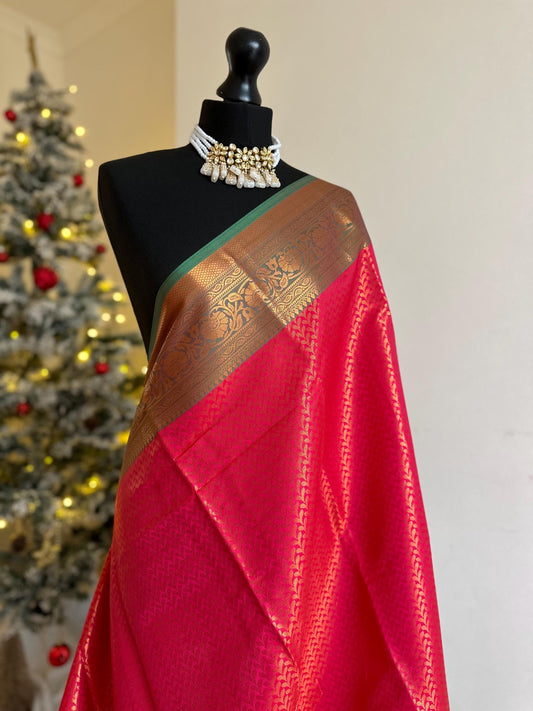 Retro authentic red saree with green border  copper zari and sheen. Traditional silk saree beautiful colour and design. Designer saree