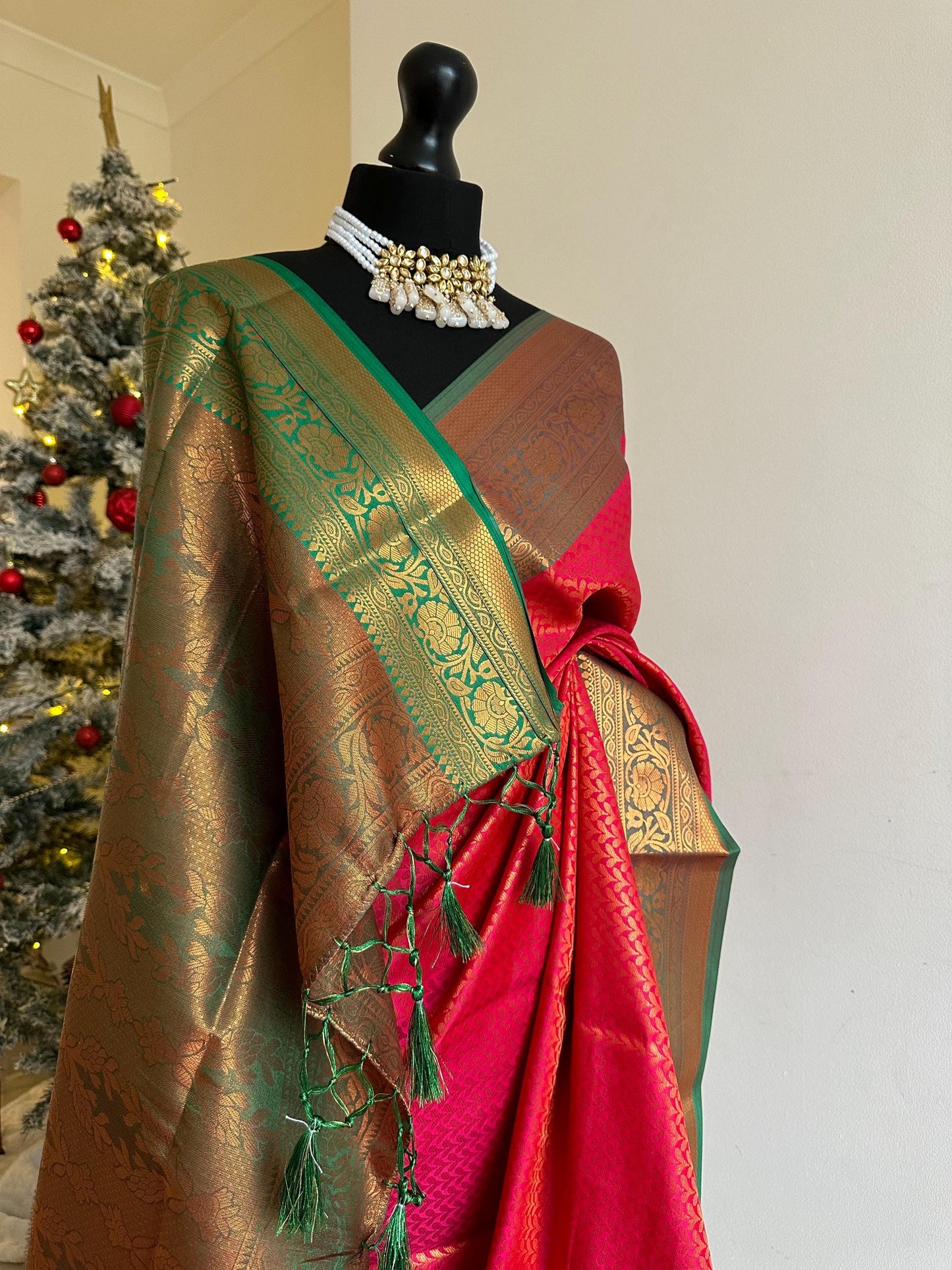 Retro authentic red saree with green border  copper zari and sheen. Traditional silk saree beautiful colour and design. Designer saree