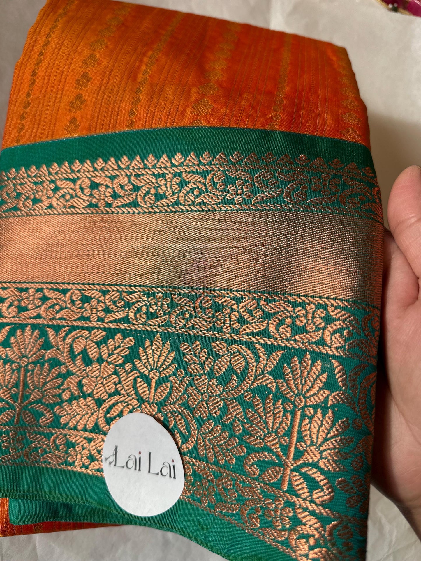 Orange and green semi silk Kanchi buta saree. Authentic traditional silk saree beautiful colour  design.Designer saree with contrast blouse