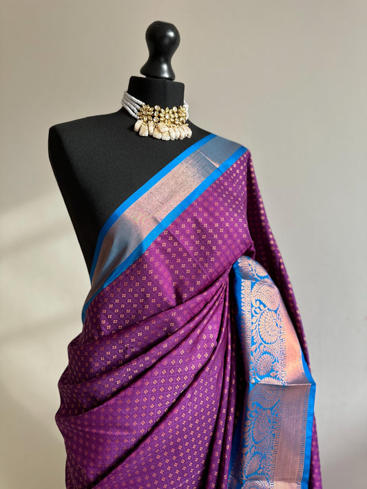 Plum and blue semi silk Kanchi buta saree. Authentic traditional silk saree beautiful colour  design.Designer saree with contrast blouse