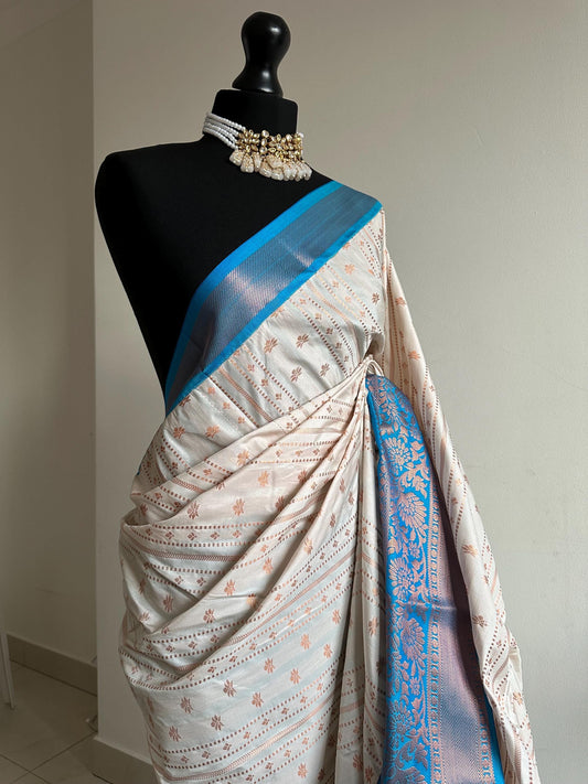 White and blue semi silk Kanchi buta saree. Authentic traditional silk saree beautiful colour  design.Designer saree with contrast blouse