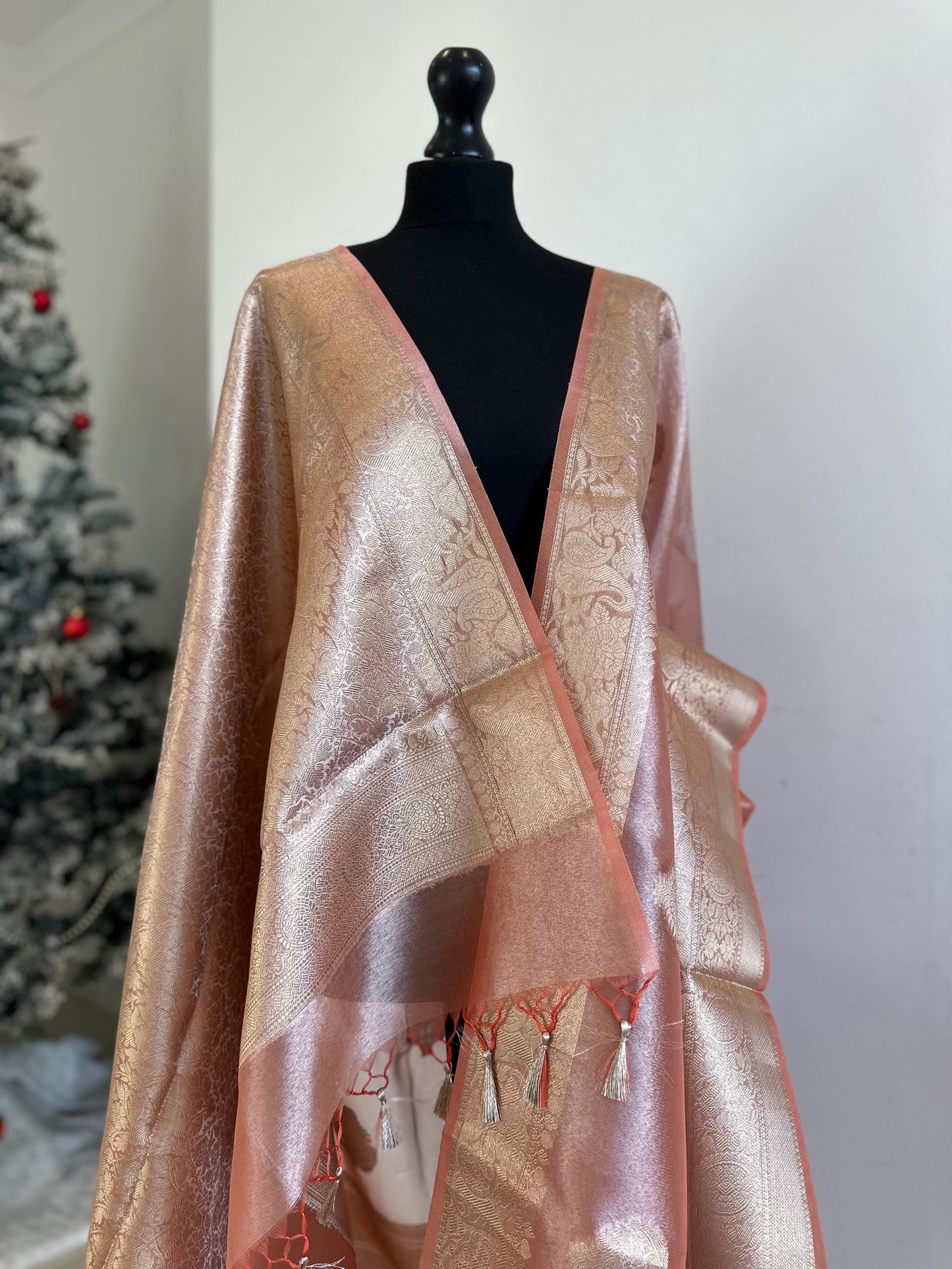 Peach gold silver soft tissue saree with border and unstitched blouse. Soft peach wedding guest party traditional saree unique saree look