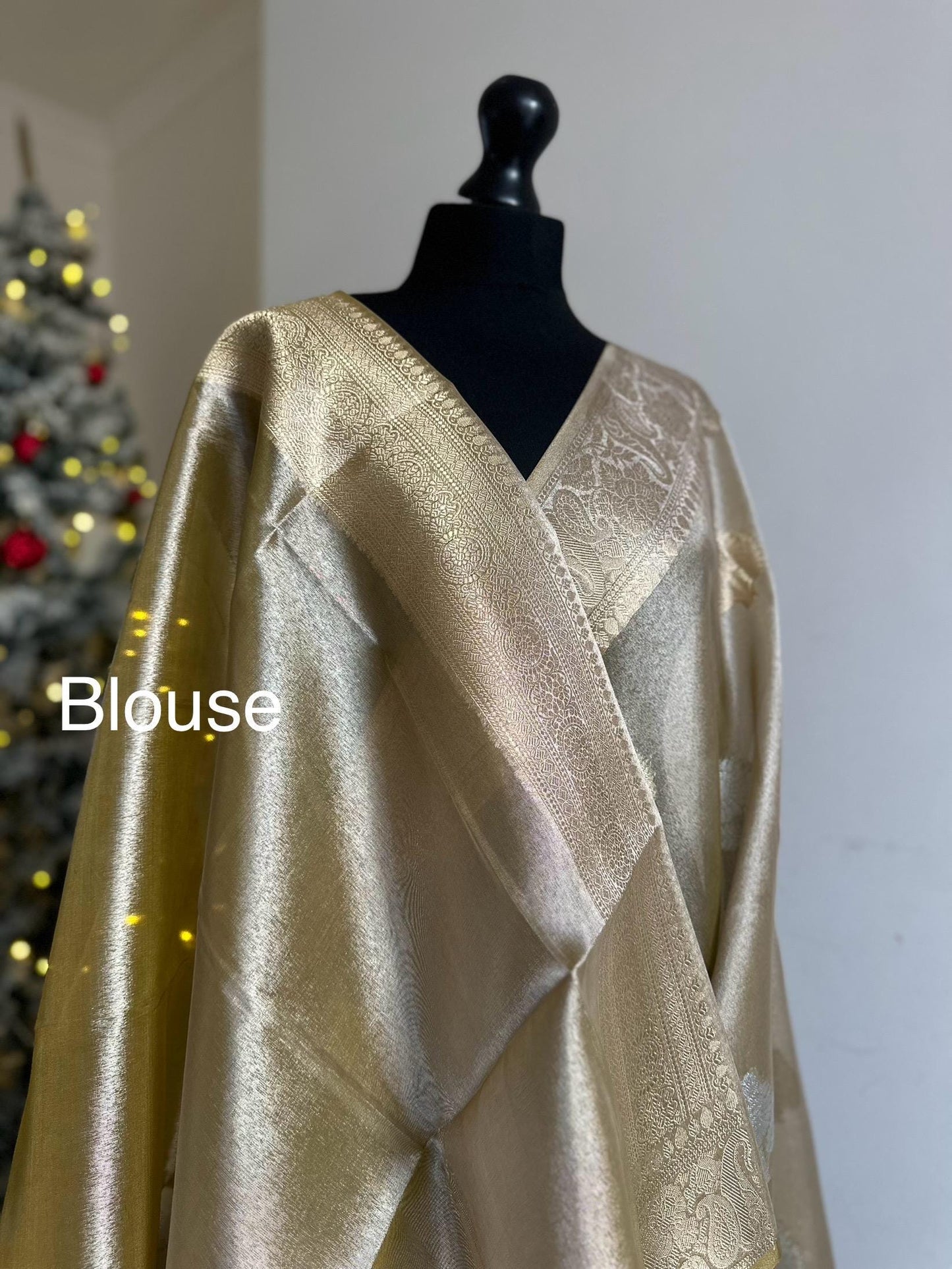 Gold shimmer soft tissue saree with border and unstitched blouse. Soft gold wedding guest party traditional saree unique saree look