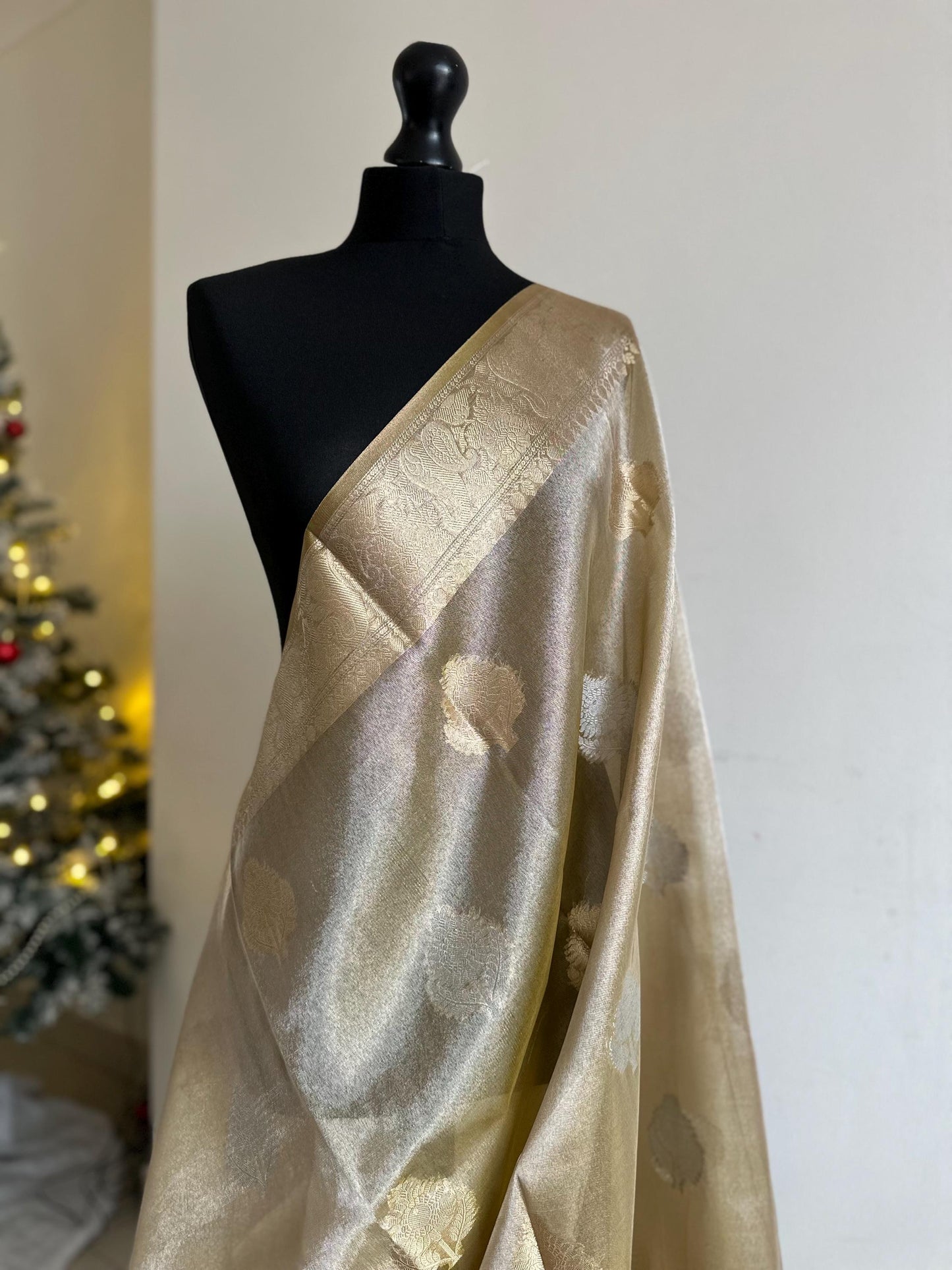 Gold shimmer soft tissue saree with border and unstitched blouse. Soft gold wedding guest party traditional saree unique saree look