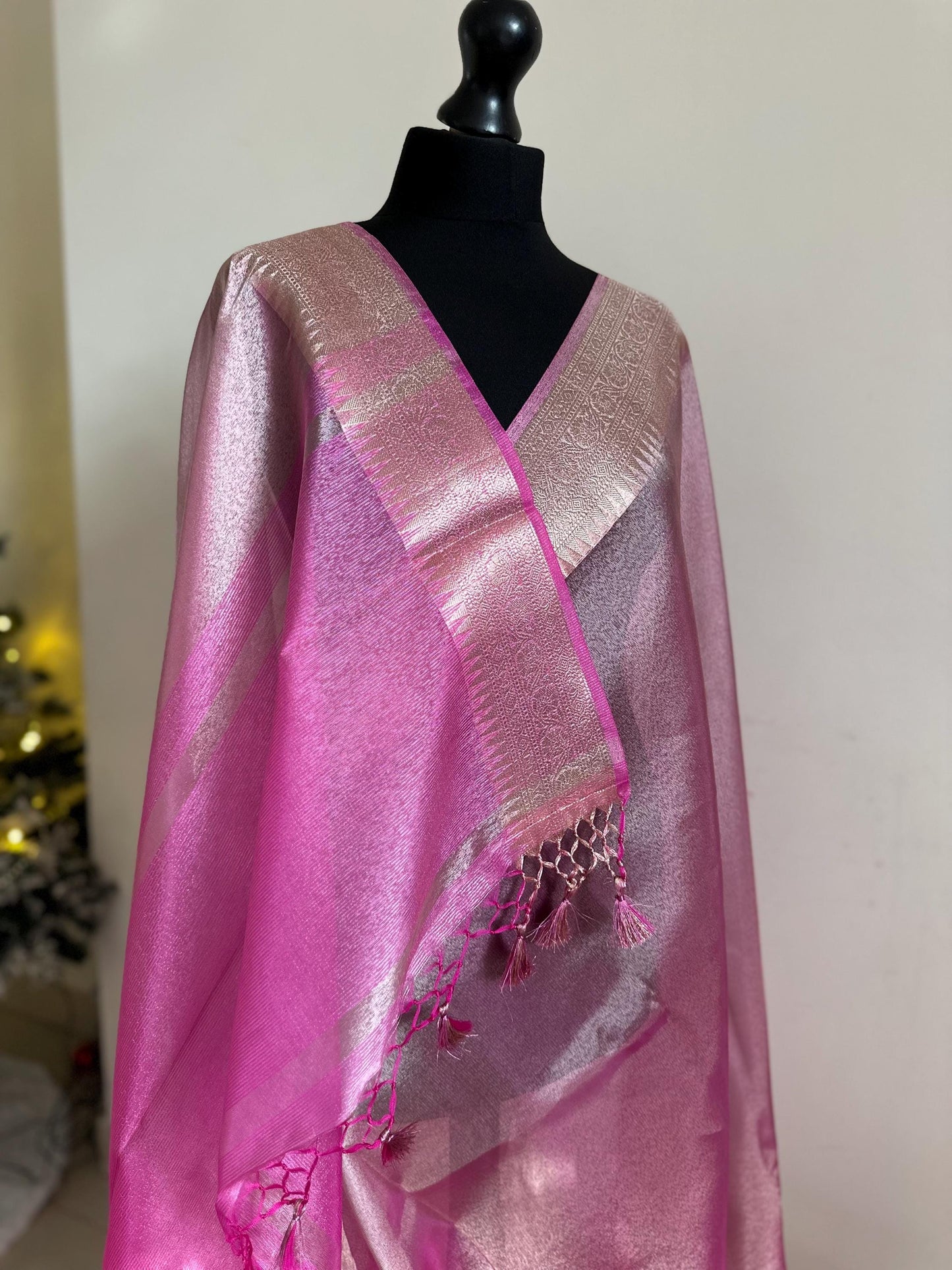 Pale pink shimmer soft tissue saree with border and unstitched blouse. Soft pink wedding guest party traditional saree unique saree look