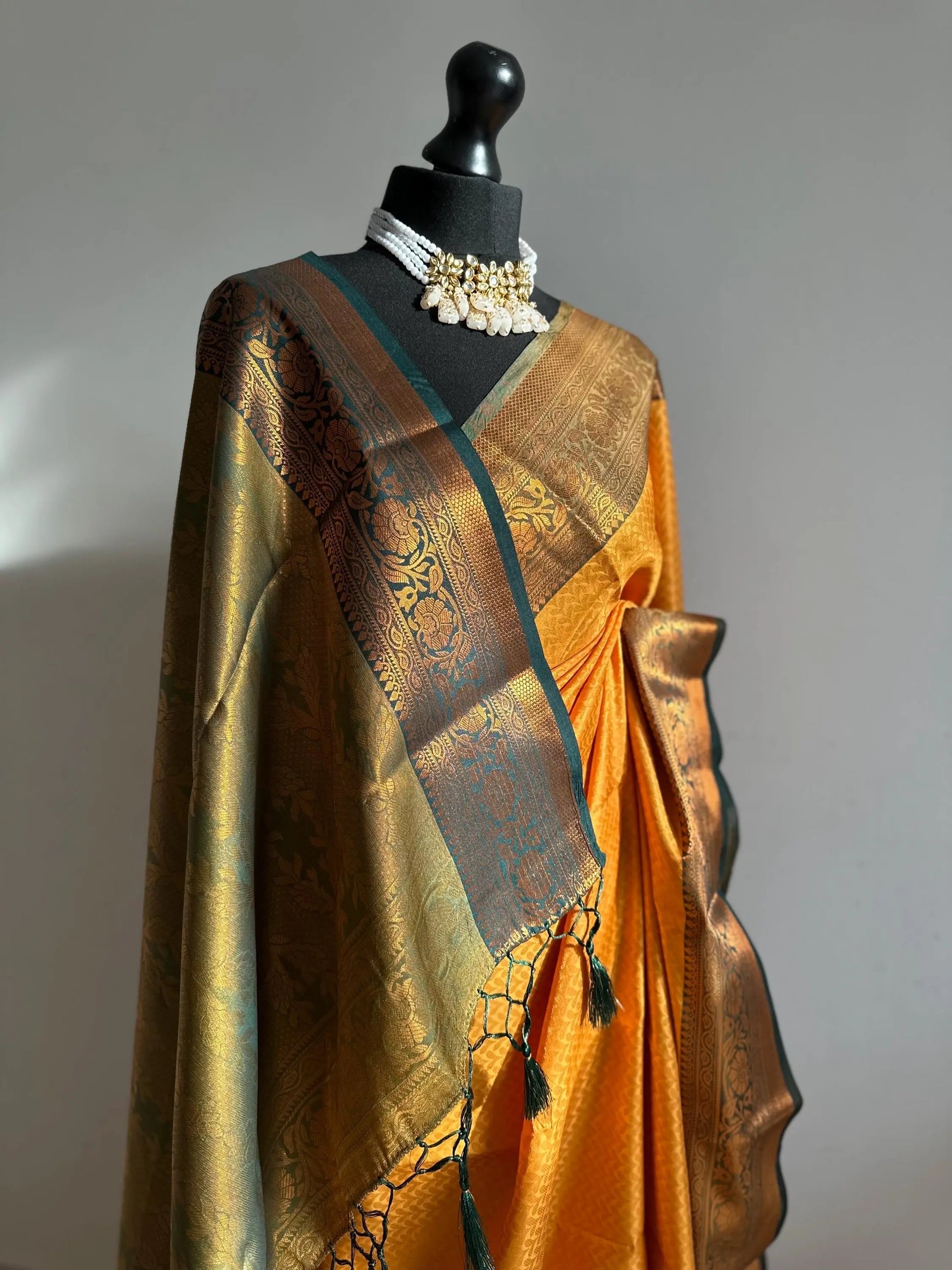 Authentic mustard saree with dark green border  copper zari  sheen. Traditional silk saree beautiful colour and design. Designer saree - LaiLai Sarees