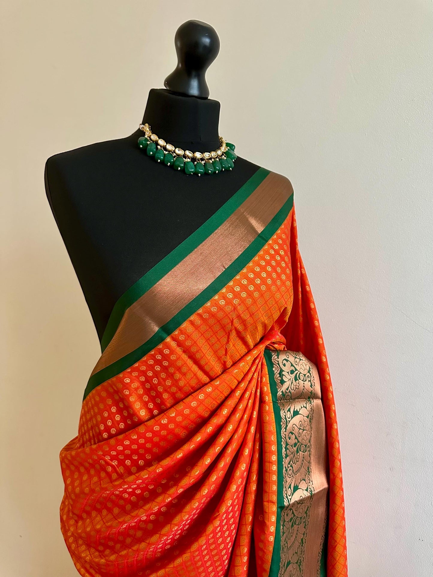 Orange and green semi silk dual border saree Authentic traditional silk saree beautiful colour design.Designer saree with contrast blouse