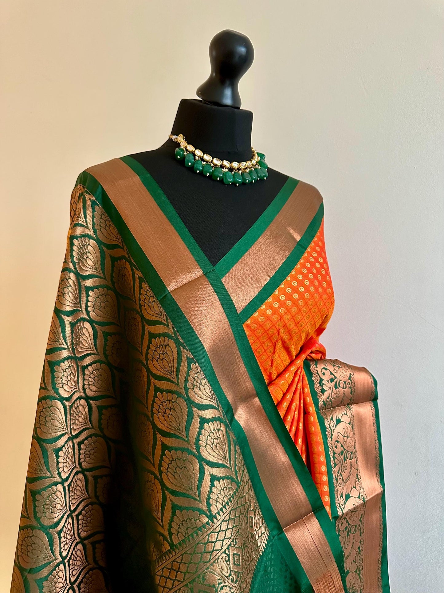 Orange and green semi silk dual border saree Authentic traditional silk saree beautiful colour design.Designer saree with contrast blouse