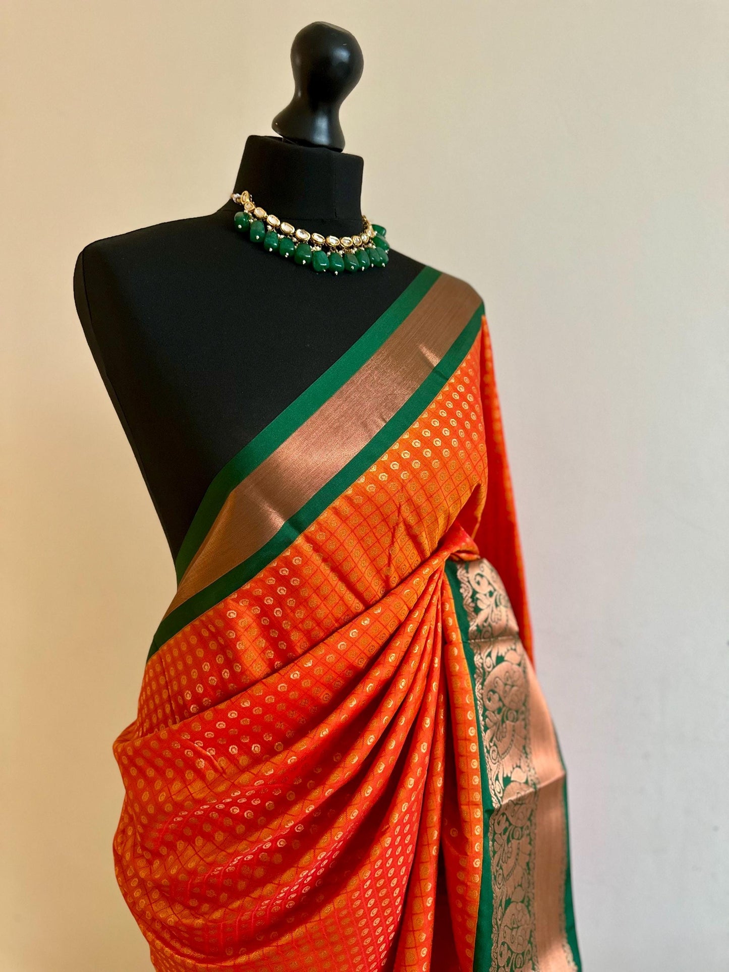 Orange and green semi silk dual border saree Authentic traditional silk saree beautiful colour design.Designer saree with contrast blouse