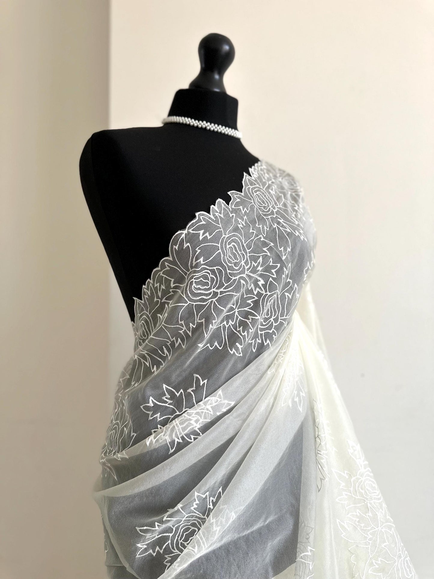 [PRE-ORDER] Dainty ivory soft bridal organza saree with cut work floral embroidered border