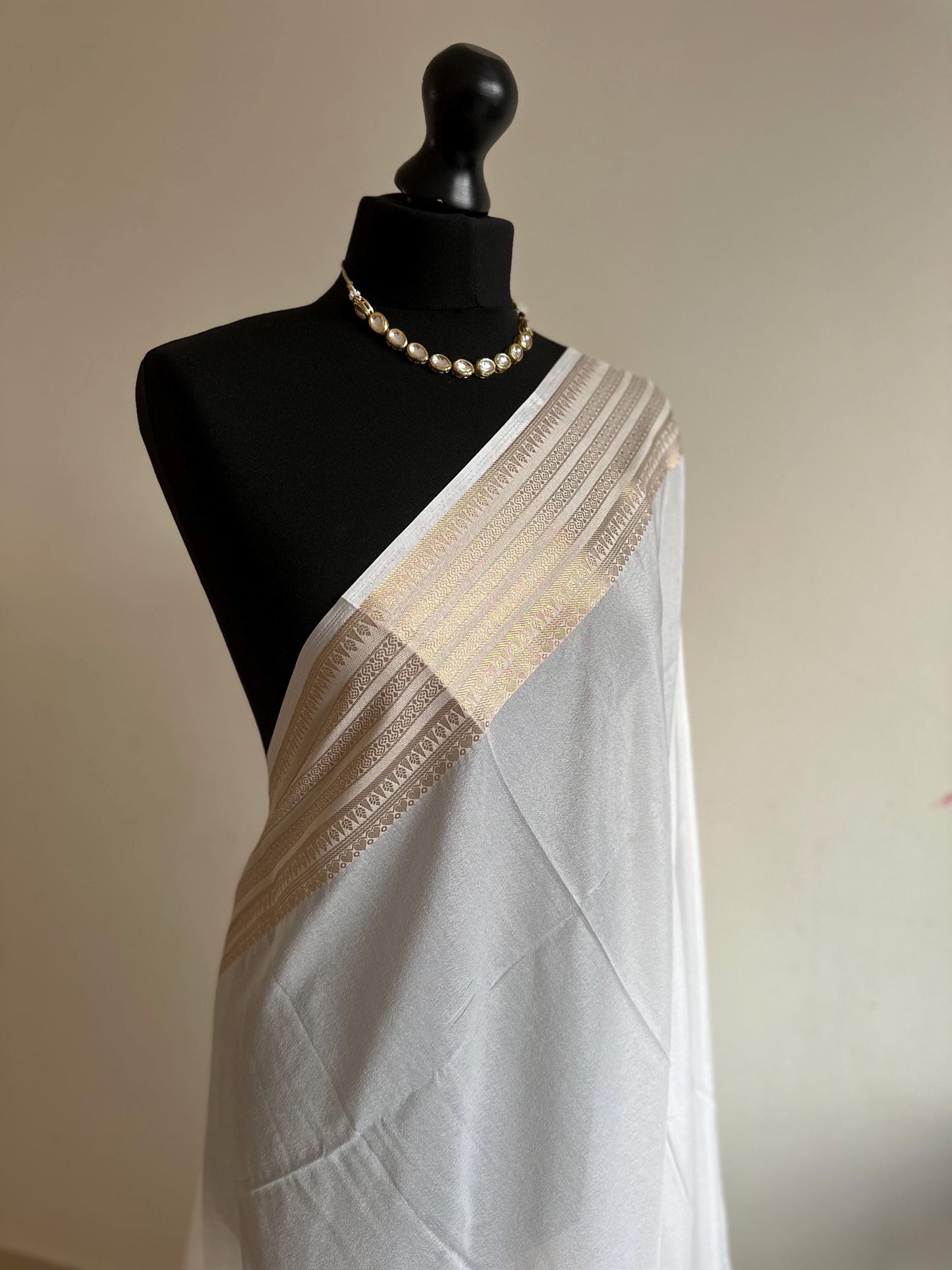 White elegant georgette saree with sequins. Wedding guest party traditional wear saree with gold border and pallu headpiece