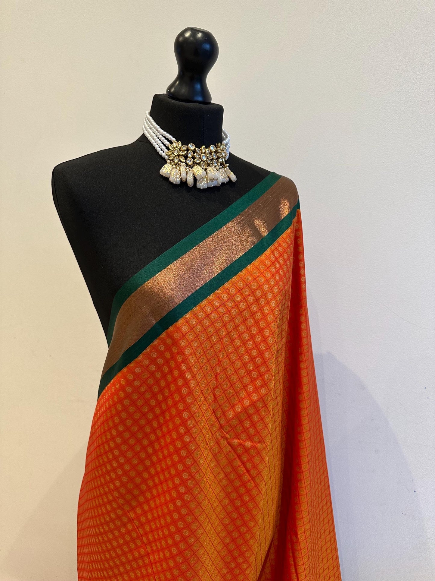 Orange and green semi silk dual border saree Authentic traditional silk saree beautiful colour design.Designer saree with contrast blouse