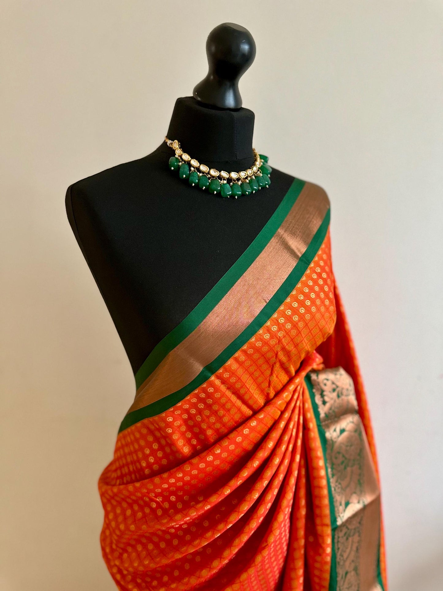 Orange and green semi silk dual border saree Authentic traditional silk saree beautiful colour design.Designer saree with contrast blouse