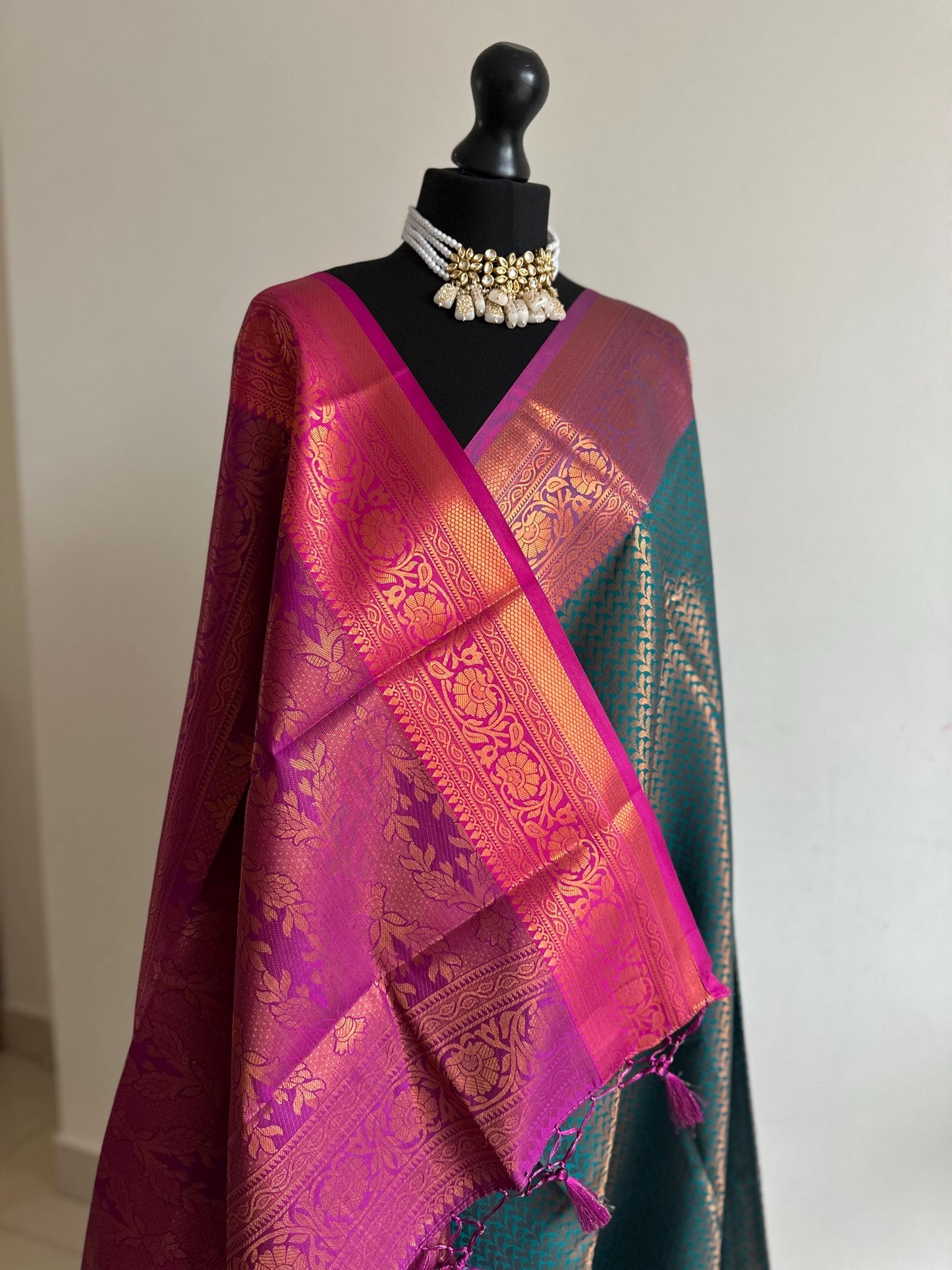 Mustard and rani pink semi silk saree. Authentic traditional silk saree beautiful colour  design .Designer saree with contrast blouse