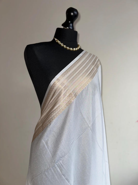 White elegant georgette saree with sequins. Wedding guest party traditional wear saree with gold border and pallu headpiece