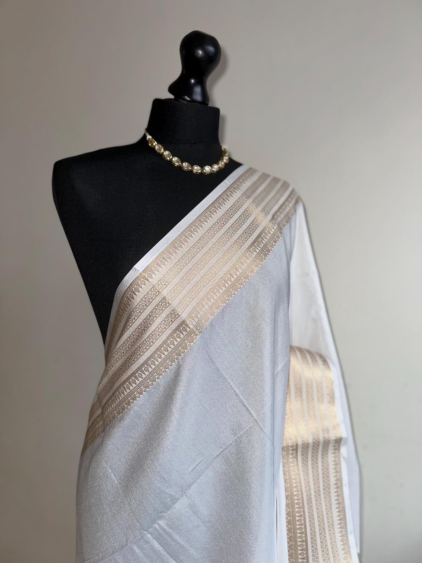 White elegant georgette saree with sequins. Wedding guest party traditional wear saree with gold border and pallu headpiece