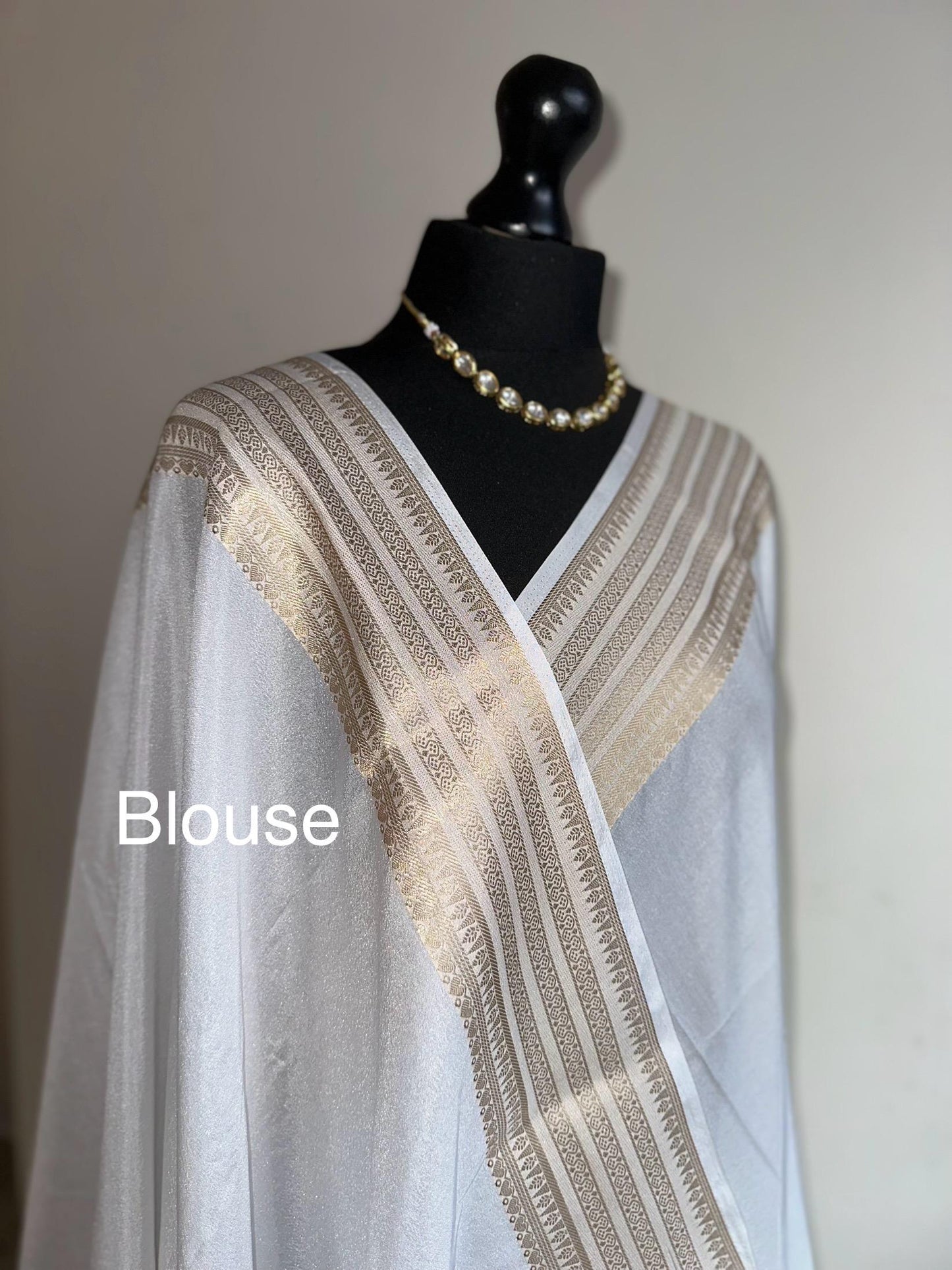 White elegant georgette saree with sequins. Wedding guest party traditional wear saree with gold border and pallu headpiece