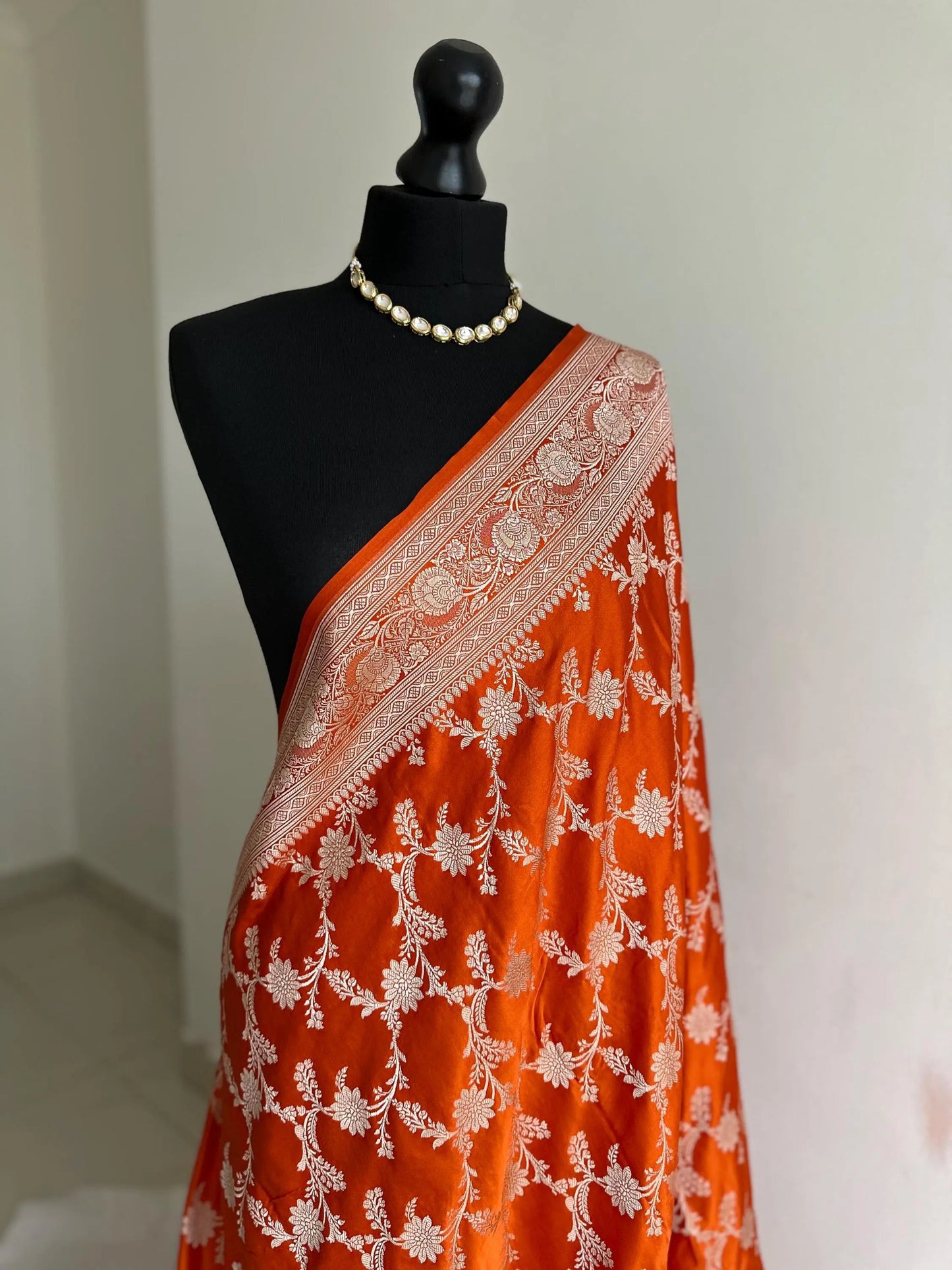 [PRE-ORDER] Orange Banarasi Mashru Wedding Saree with silver Zari. - LaiLai Sarees