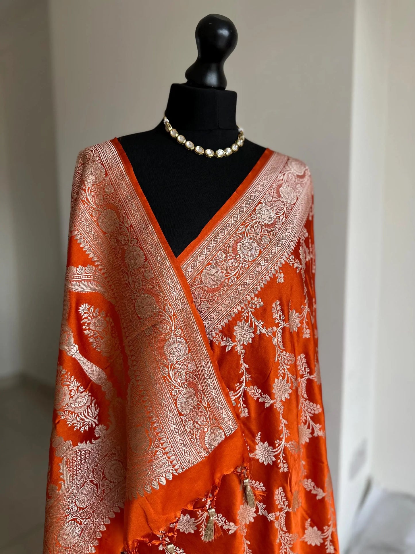 [PRE-ORDER] Orange Banarasi Mashru Wedding Saree with silver Zari. - LaiLai Sarees
