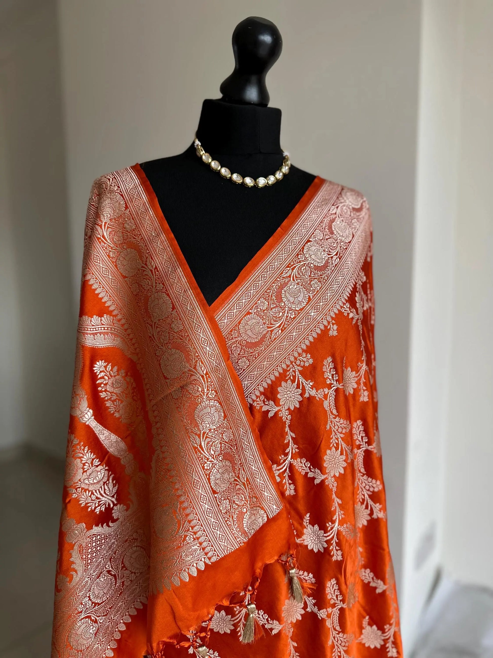 [PRE-ORDER] Orange Banarasi Mashru Wedding Saree with silver Zari. - LaiLai Sarees