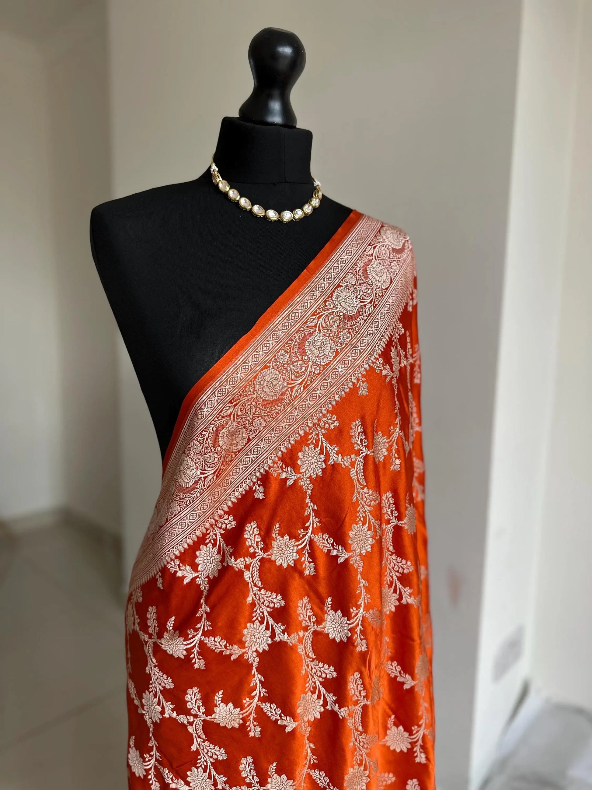 [PRE-ORDER] Orange Banarasi Mashru Wedding Saree with silver Zari. - LaiLai Sarees