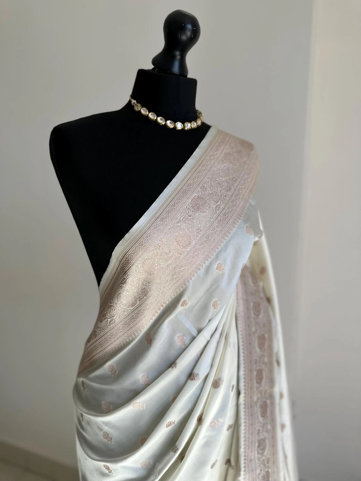 Banarasi silk elegant off white saree with champagne gold zari embroidery wedding saree, festive wear, party wear, reception saree, traditional sari