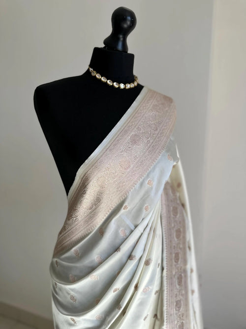 Banarasi silk elegant off white saree with champagne gold zari embroidery wedding saree, festive wear, party wear, reception saree, traditional sari