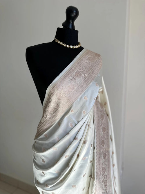 Banarasi silk elegant off white saree with champagne gold zari embroidery wedding saree, festive wear, party wear, reception saree, traditional sari