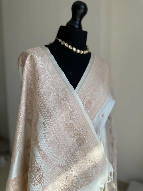 Banarasi silk elegant off white saree with champagne gold zari embroidery wedding saree, festive wear, party wear, reception saree, traditional sari