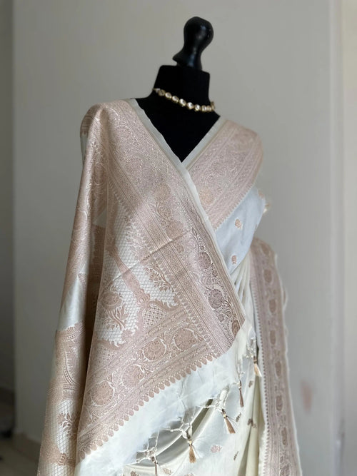 Banarasi silk elegant off white saree with champagne gold zari embroidery wedding saree, festive wear, party wear, reception saree, traditional sari