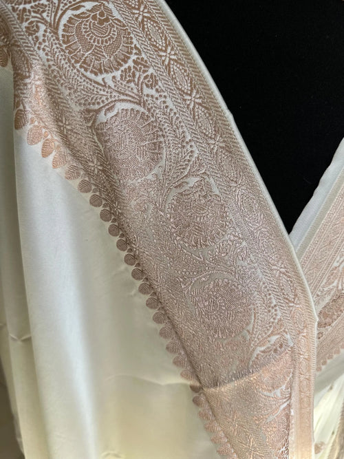 Banarasi silk elegant off white saree with champagne gold zari embroidery wedding saree, festive wear, party wear, reception saree, traditional sari