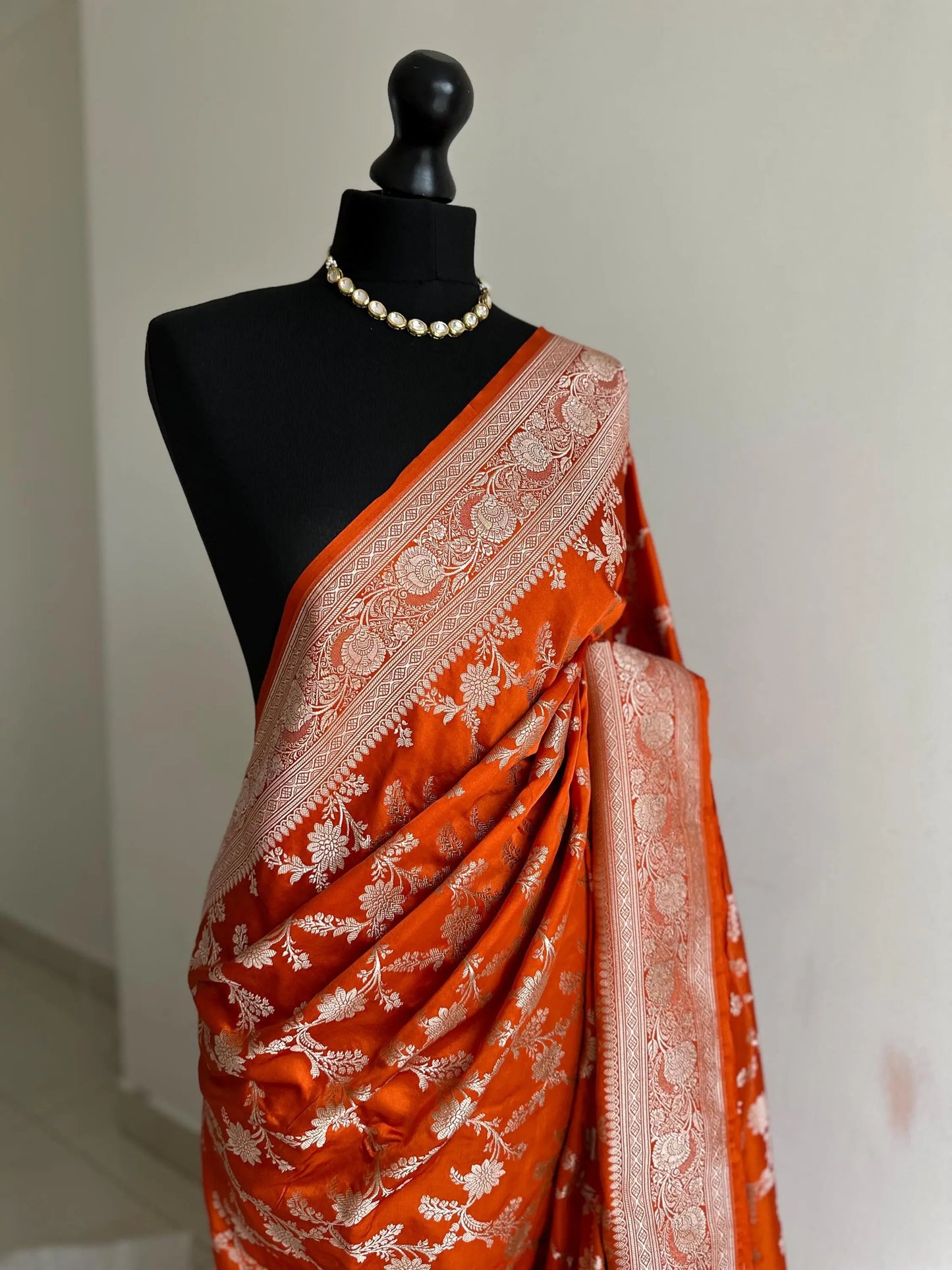 [PRE-ORDER] Orange Banarasi Mashru Wedding Saree with silver Zari. - LaiLai Sarees