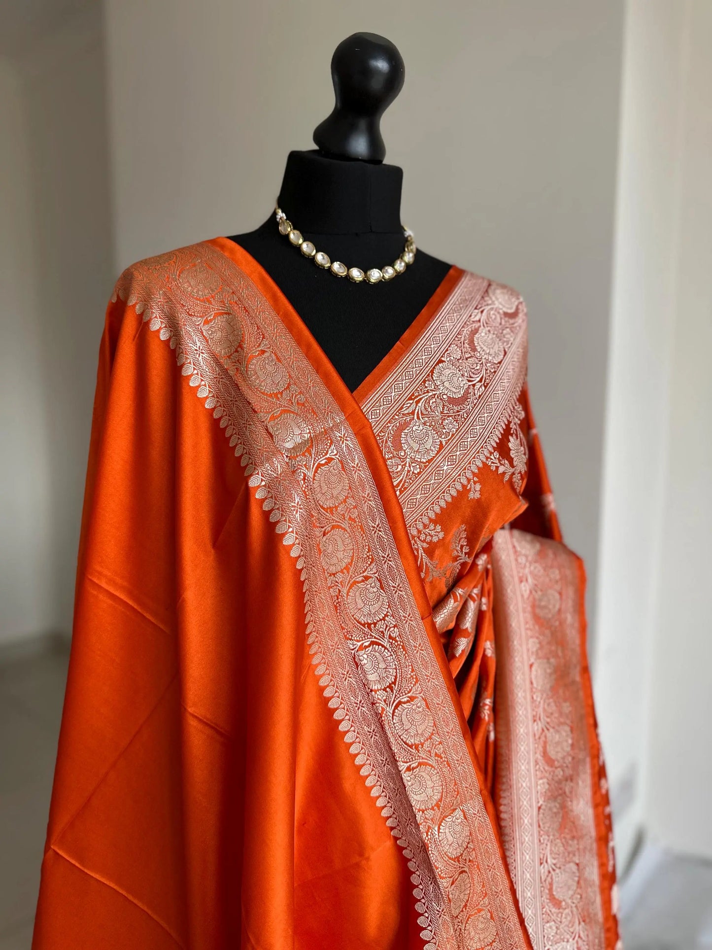 [PRE-ORDER] Orange Banarasi Mashru Wedding Saree with silver Zari. - LaiLai Sarees