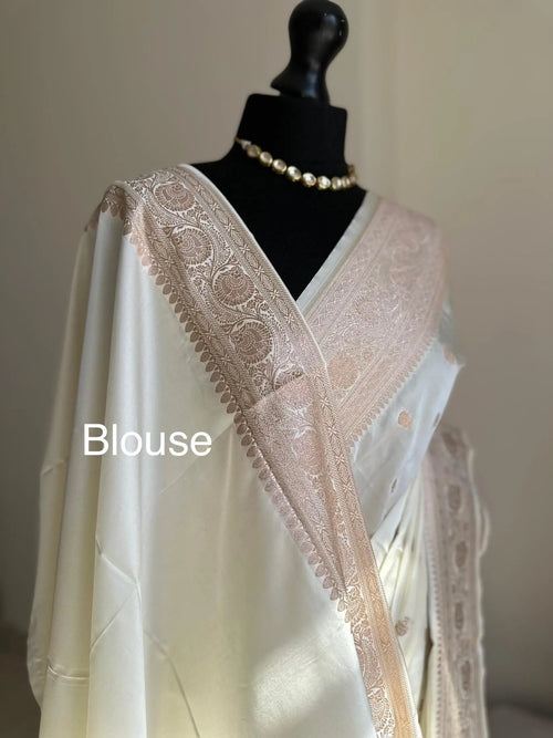 Banarasi silk elegant off white saree with champagne gold zari embroidery wedding saree, festive wear, party wear, reception saree, traditional sari