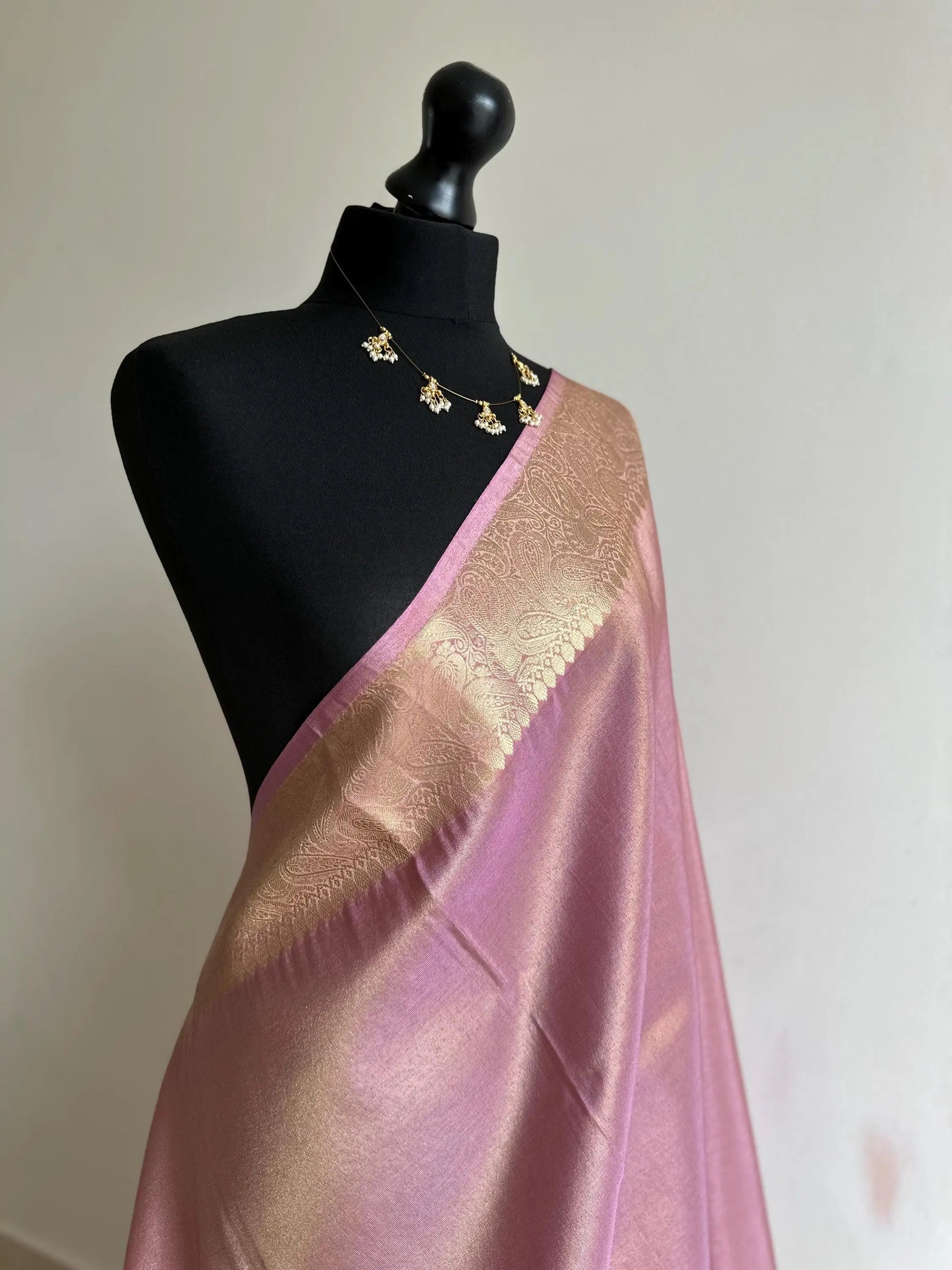 Dual Tone Tissue Silk Saree Gold and Pink with Zari, Rich Paisley Border and Pallu -    
