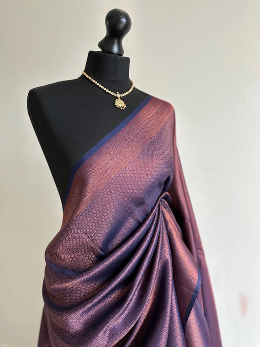 Navy blue and copper kubera saree with border and all over sheen -    
